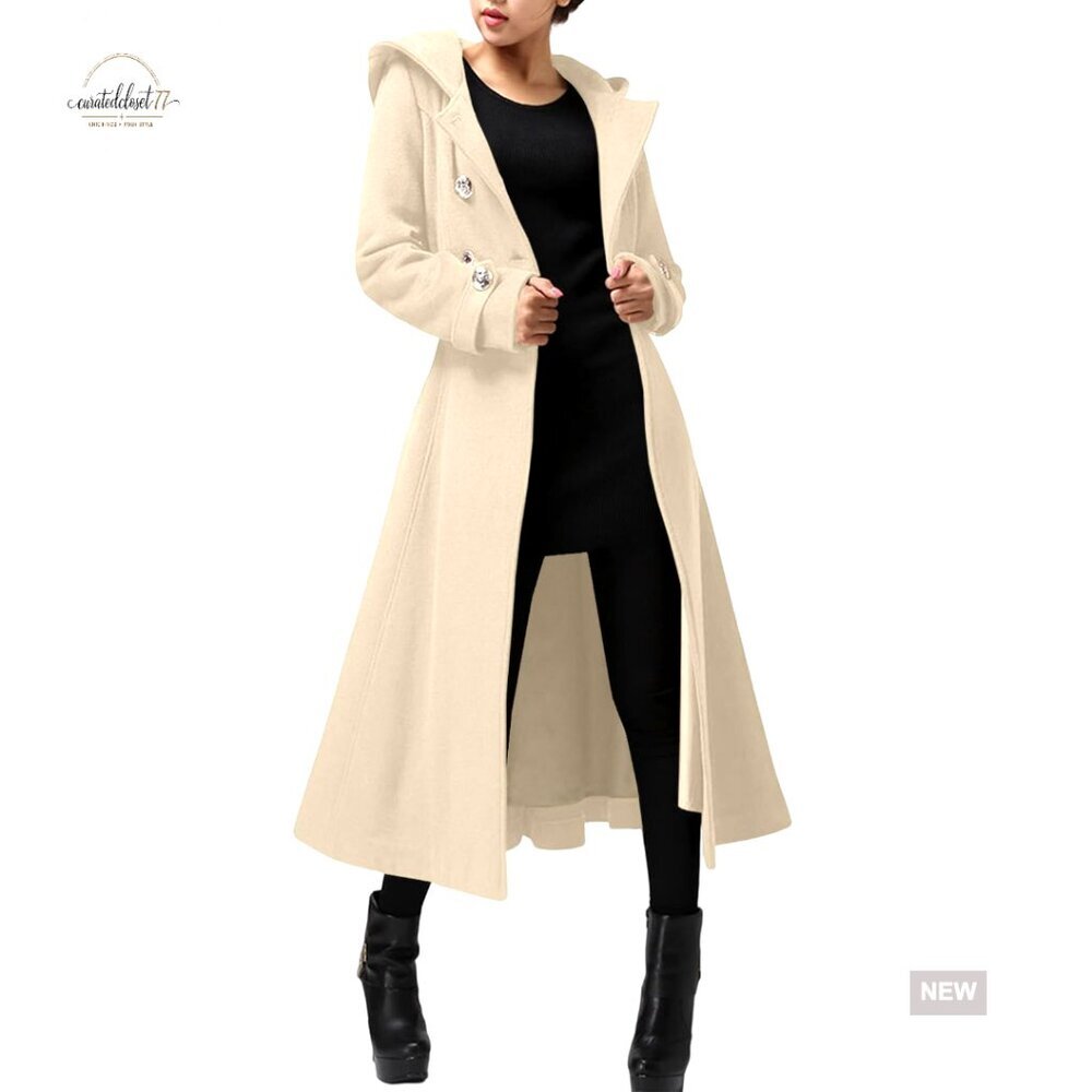 Long Wool Blend Trench Coat with Hood and Belts, Windproof Winter Coat
